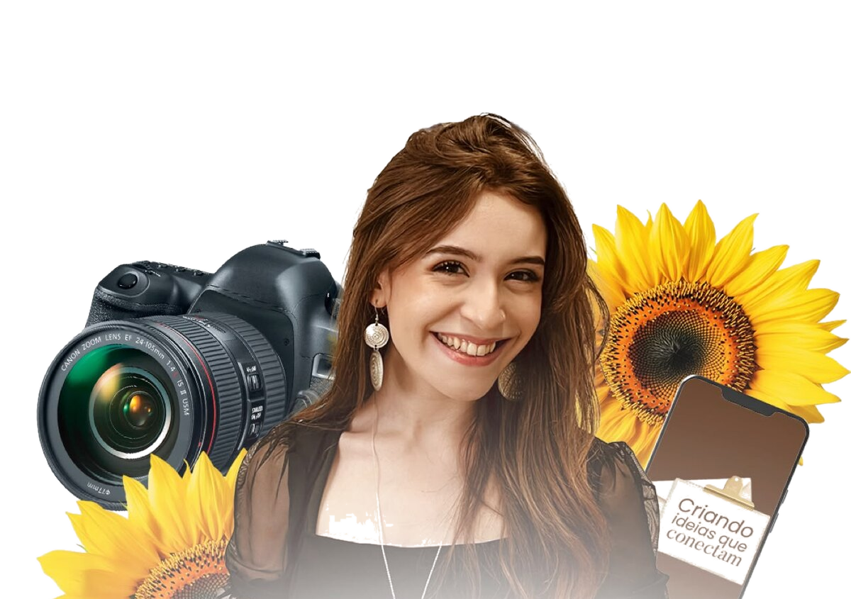 Duda Guedes com sua câmera, girassóis e a frase criando ideias que conectam